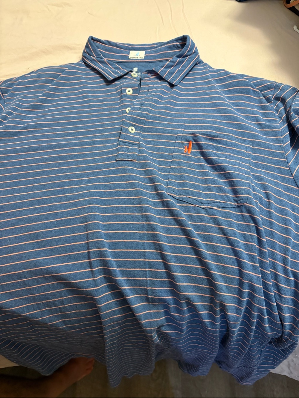 johnnie-O Blue Striped Polo with Orange Logo